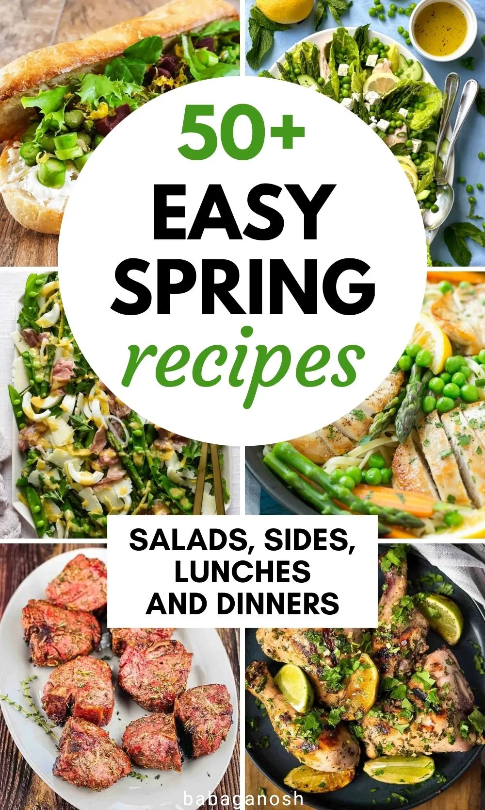Pinterest graphic with text that reads "50+ Easy Spring recipes" and a collage of spring dishes.