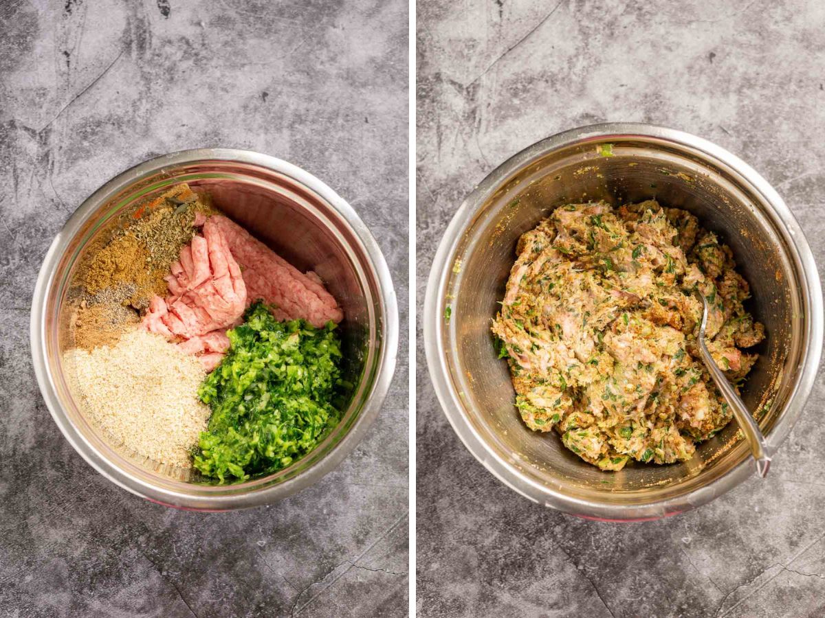 Collage of 2 pictures showing how to mix together ground pork with seasonings.