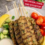 Image with text: Ground pork kofta kebabs - air fryer, oven, and stovetop.