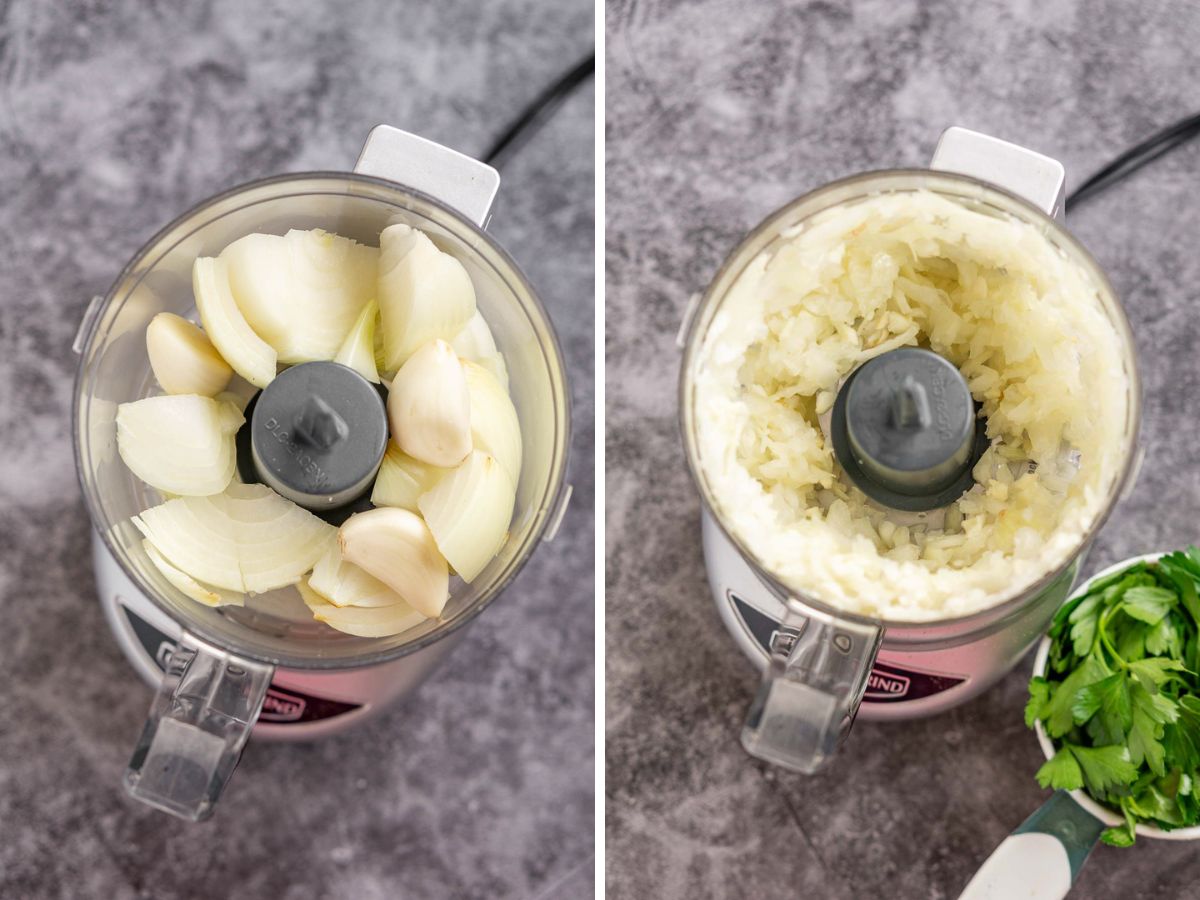 Before and after pictures of onion and garlic in a food processor.