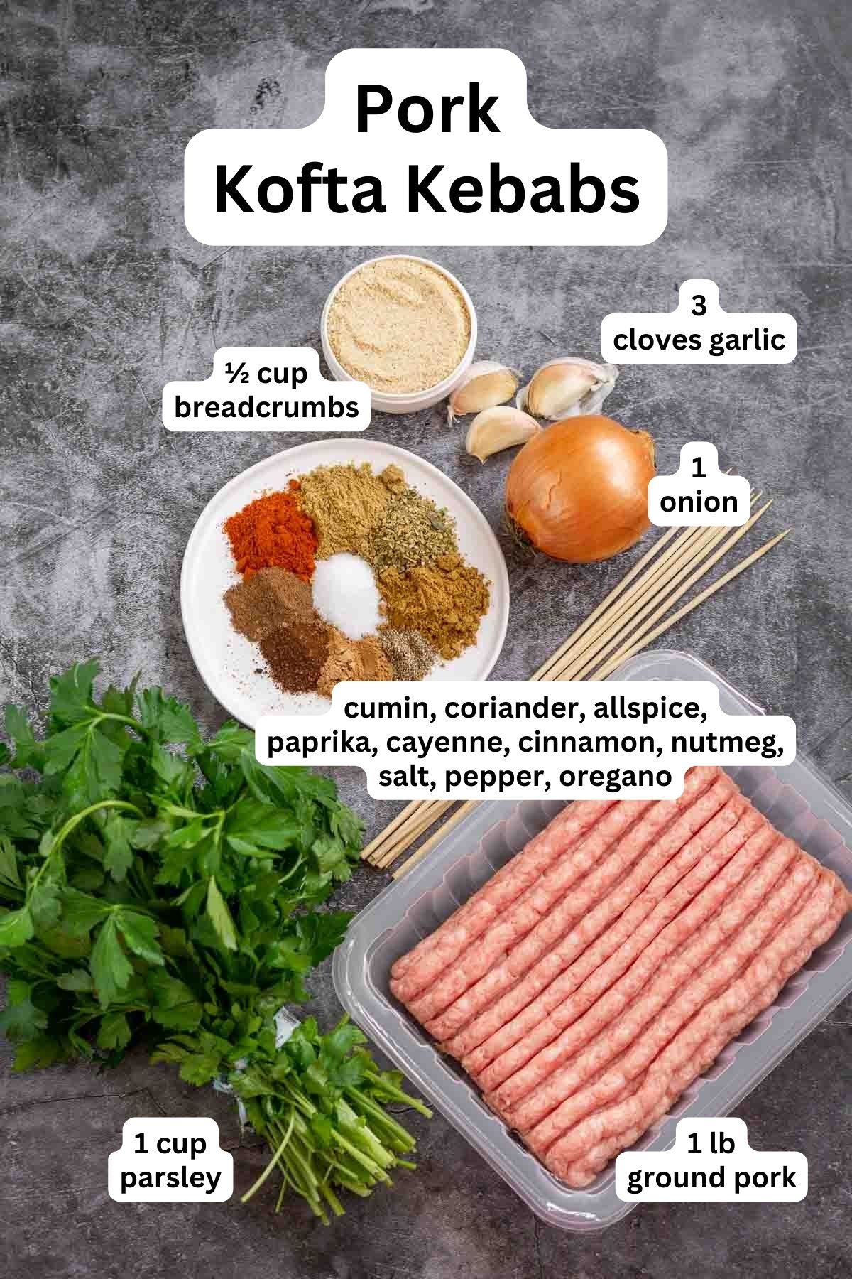 Ingredients to make pork kofta kebabs