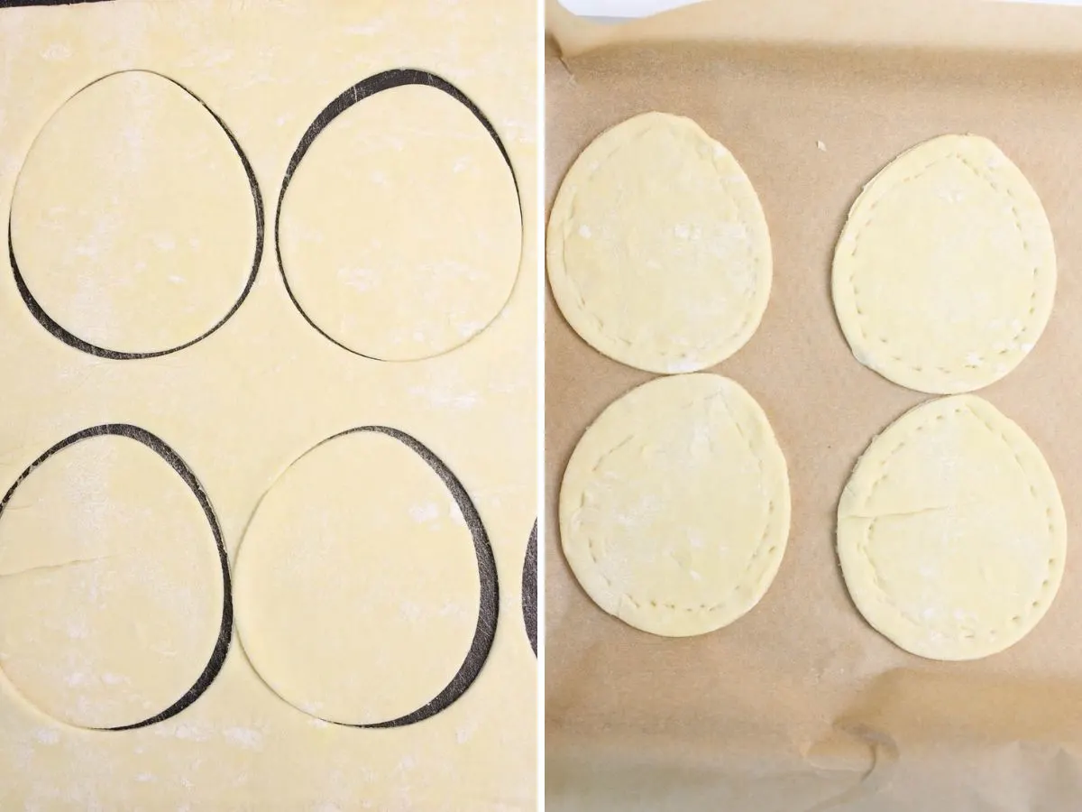 Collage of 2 pictures showing how to score the edges of puff pastry