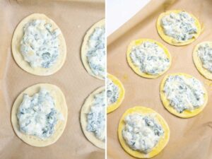 Collage of 2 pictures showing how to add spinach artichoke mixture to puff pastries and brush the edges with egg yolk