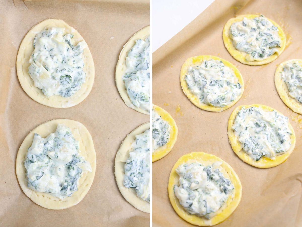 Collage of 2 pictures showing how to add spinach artichoke mixture to puff pastries and brush the edges with egg yolk
