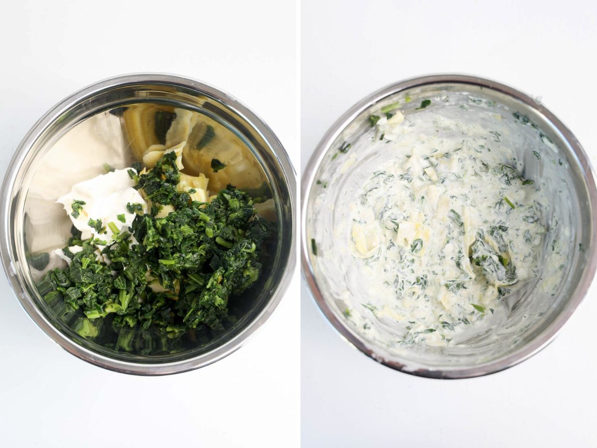 Collage of 2 pictures showing how to make the spinach artichoke cream cheese mixture