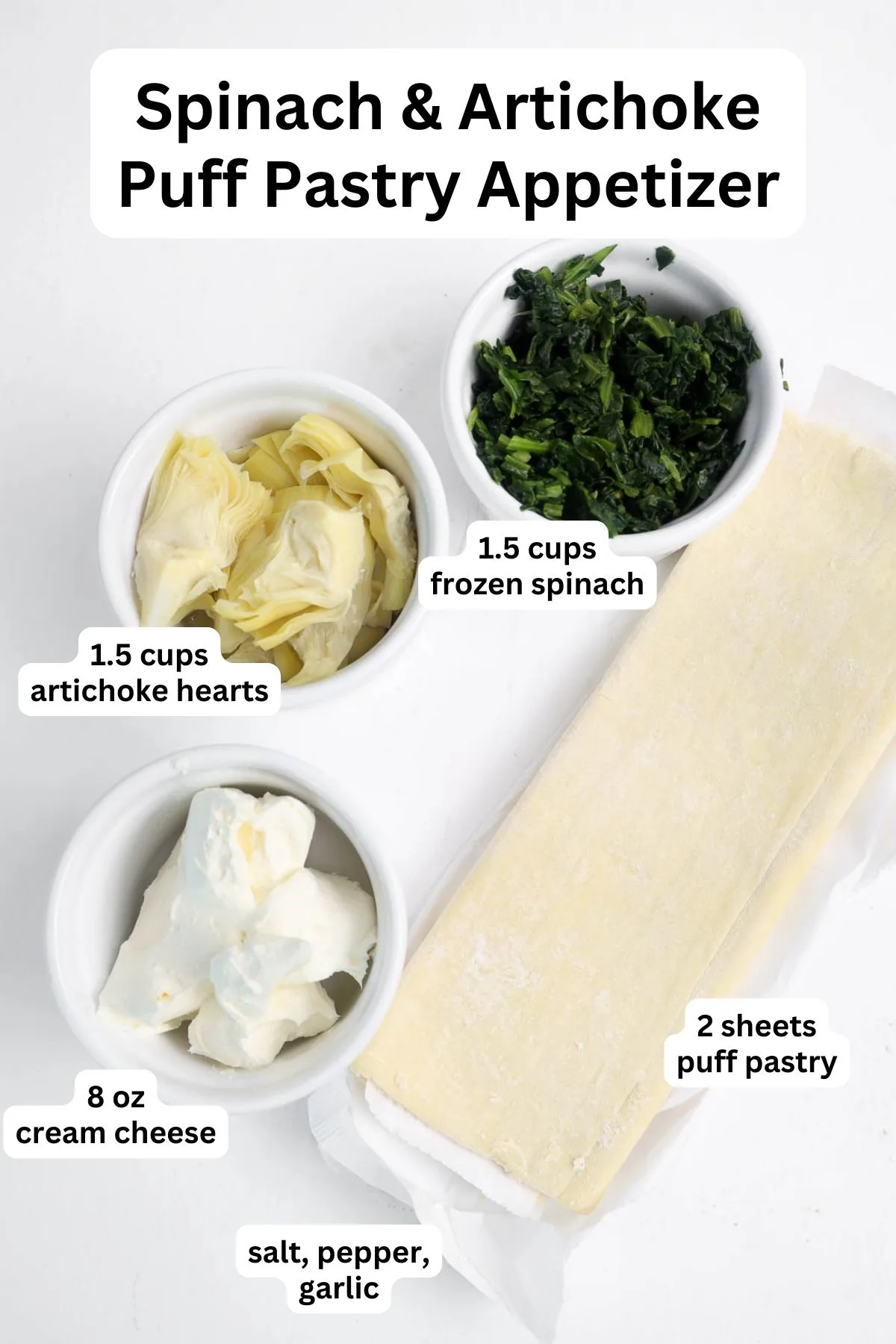 Ingredients to make spinach artichoke puff pastries