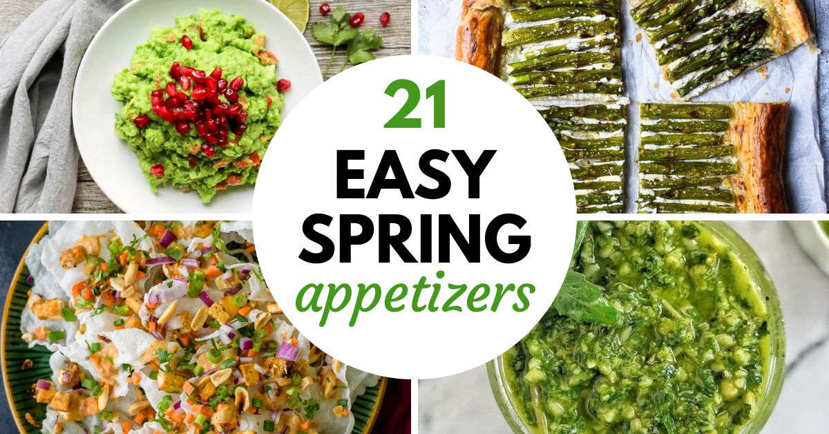 Image graphic with text that reads "21 Easy Spring Appetizers" and a collage featuring for spring appetizer recipes.