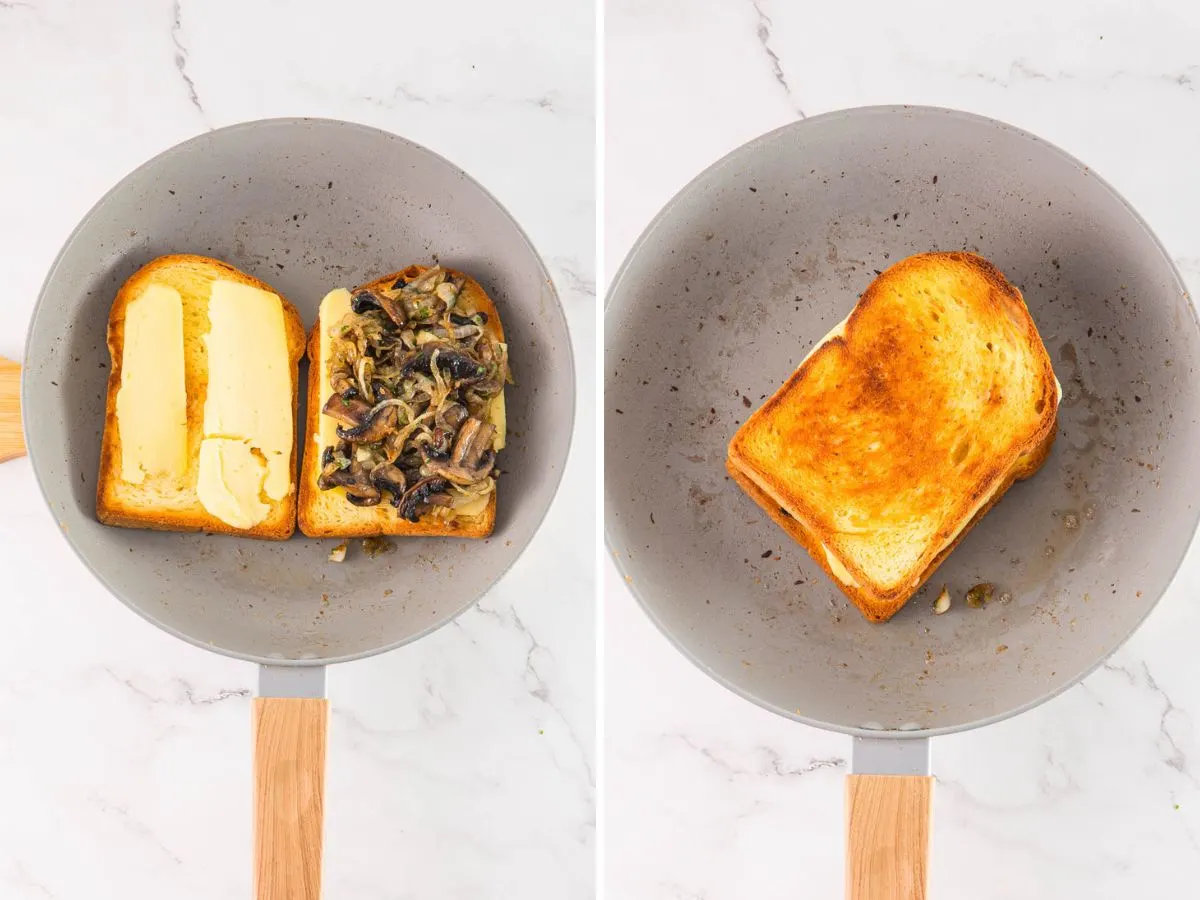 Collage of 2 pictures showing how to cook a mushroom grilled cheese
