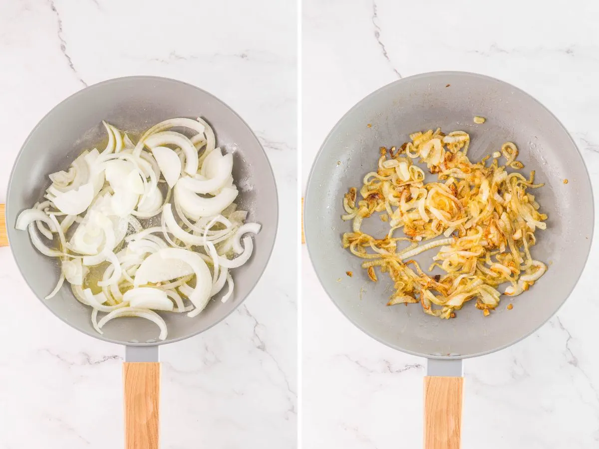 Collage of 2 pictures showing how to caramelize onions