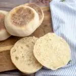 Sourdough discard English muffins cut in half to show texture