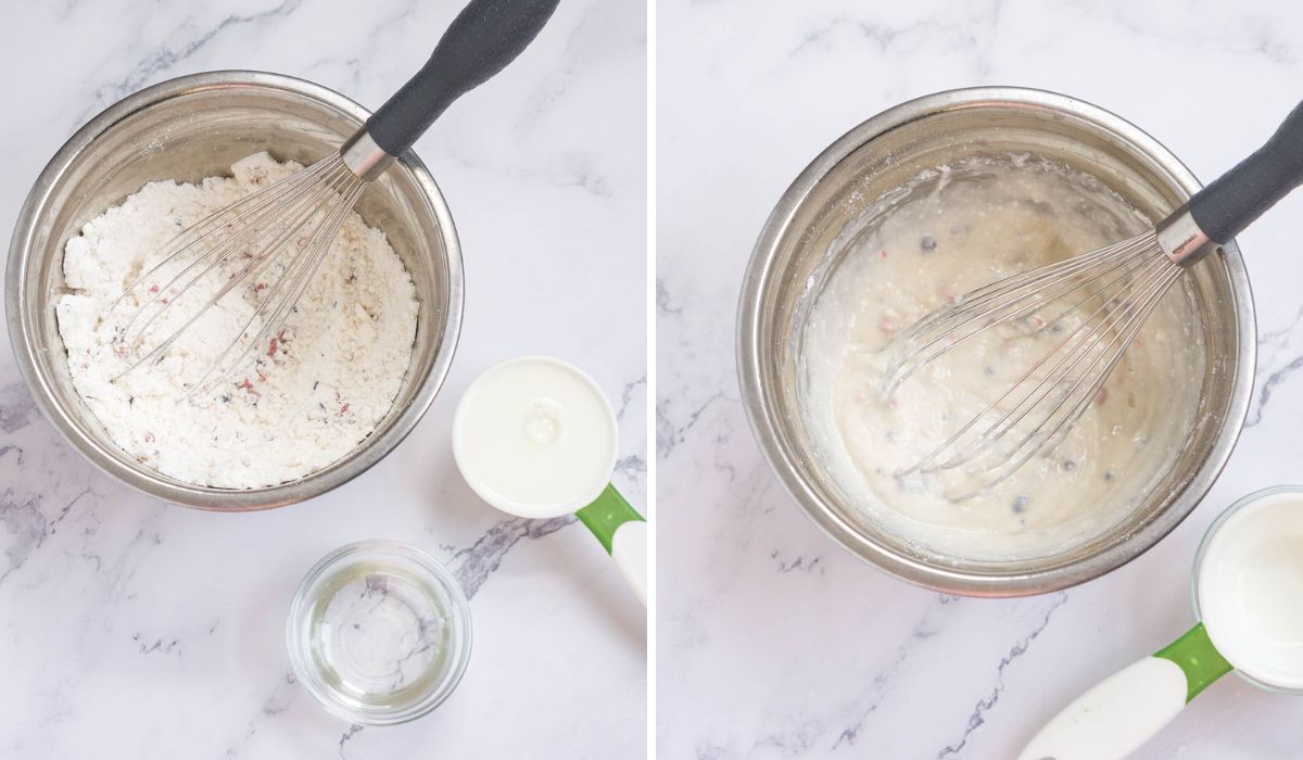 Collage of 2 pictures showing how to make waffle batter from muffin mix