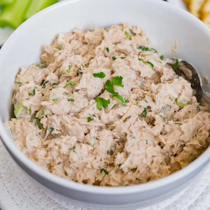 Close up of a bowl of spicy Buffalo tuna salad