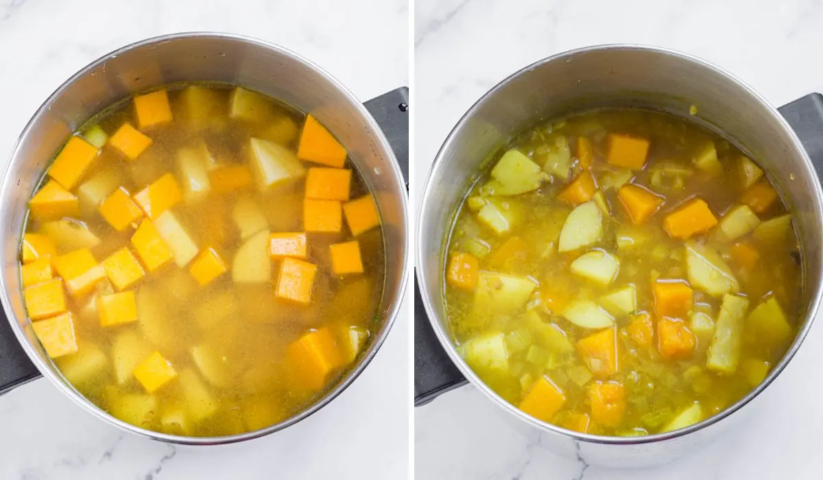 Collage of 2 pictures showing how to cook pumpkin potato soup