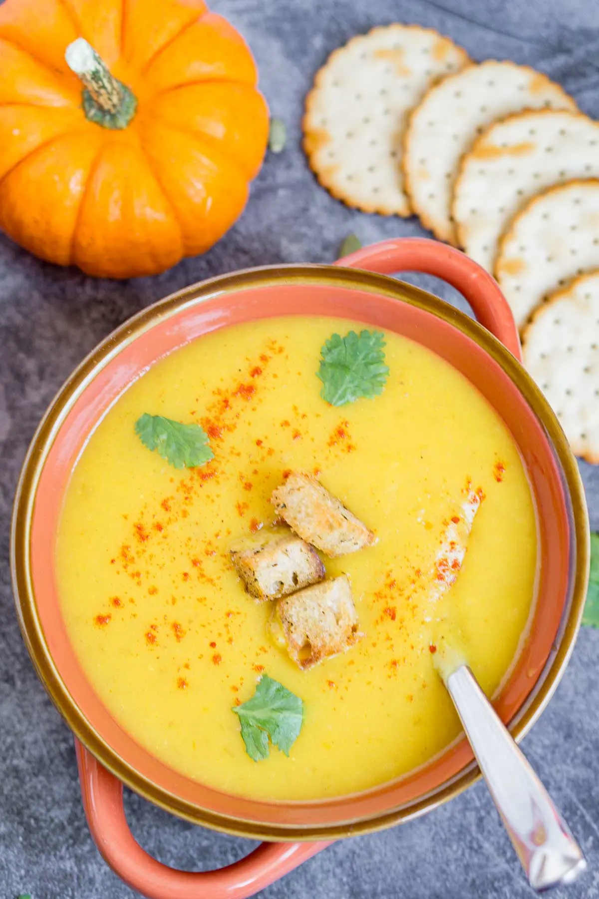Bowl of Pumpkin Potato Soup with Sourdough Croutons