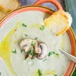 Pinterest image with text: Creamy Mushroom & Leek Soup