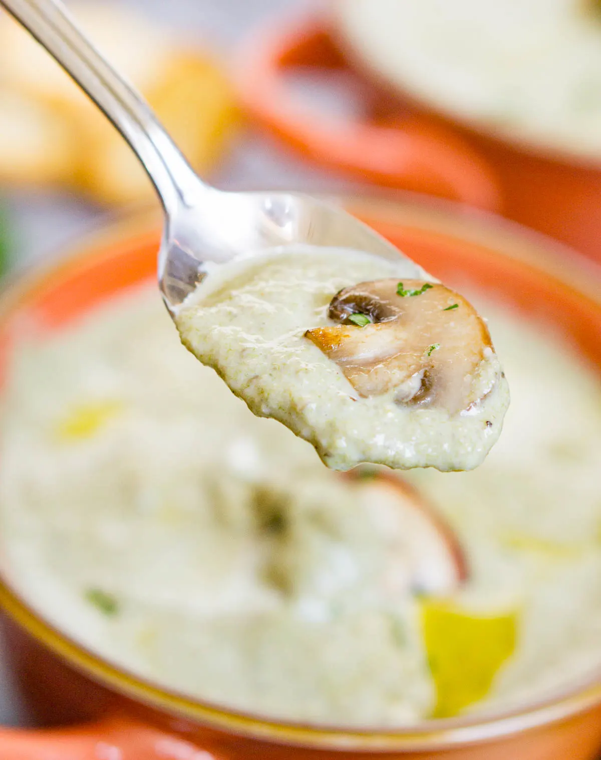 Spoon of mushroom leek soup with a sauteed mushroom slice