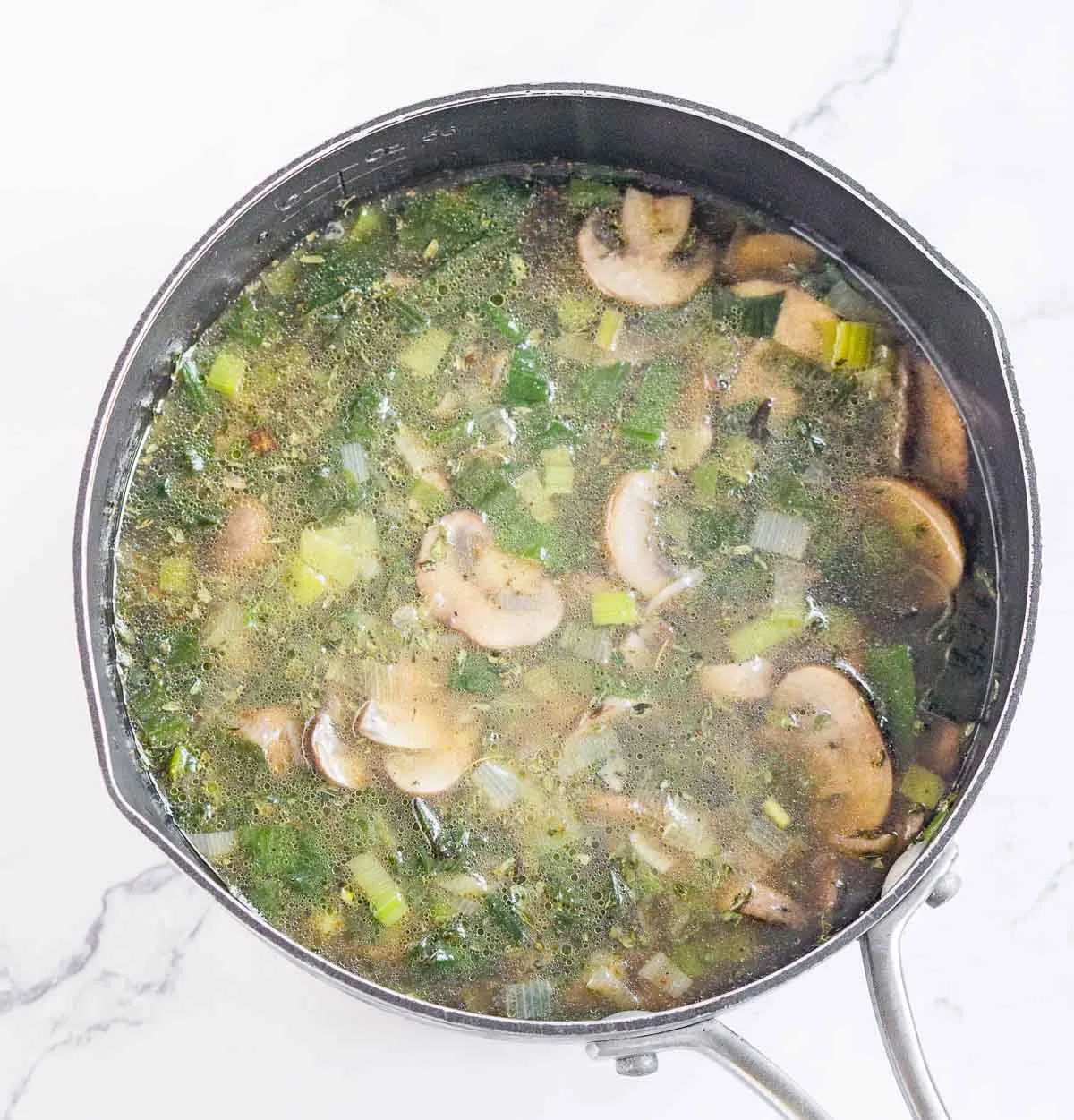 Soup pot with sauteed mushrooms, leeks, and broth