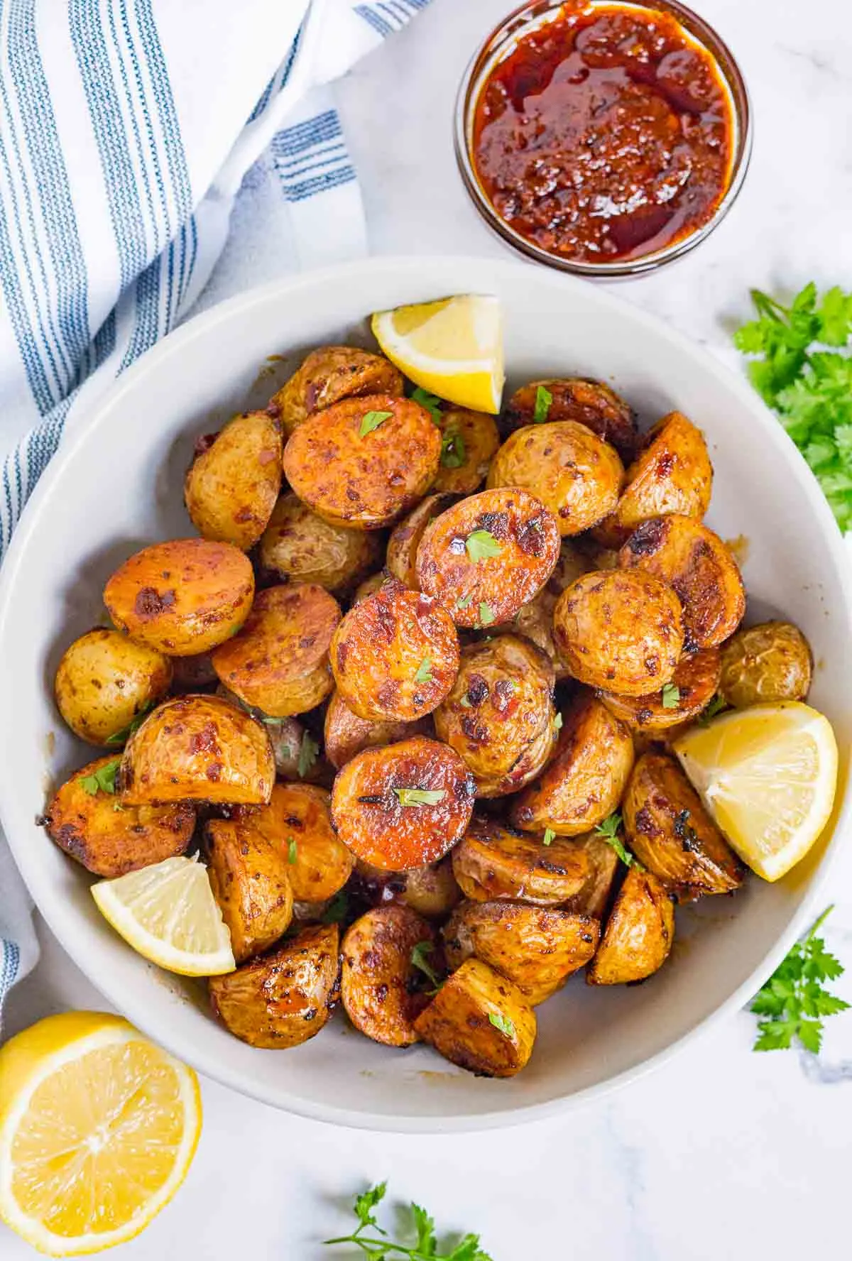 Bowl of harissa roasted potatoes
