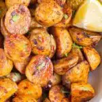 Pinterest image with text: Harissa Potatoes - easy 30 minute side dish