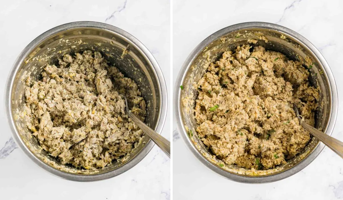 Collage of 2 pictures showing how to mix together sardine mixture for patties