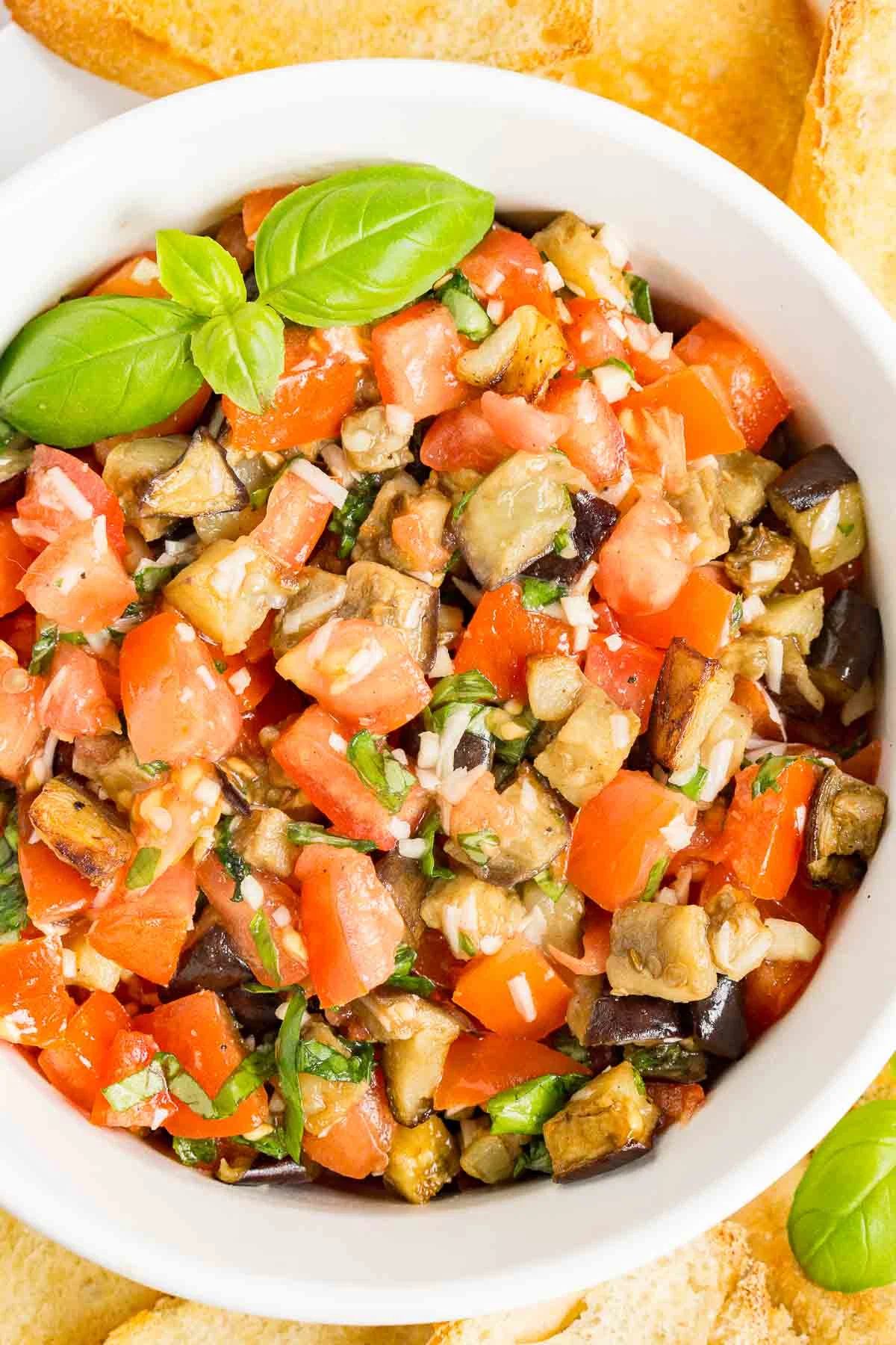 Close up of a bowl of eggplant bruschetta