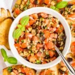Bowl of roasted eggplant bruschetta