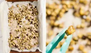 Collage of 2 pictures showing diced roasted eggplant with caramelized edges