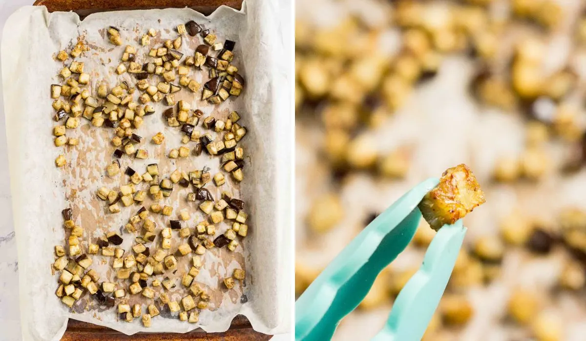 Collage of 2 pictures showing diced roasted eggplant with caramelized edges