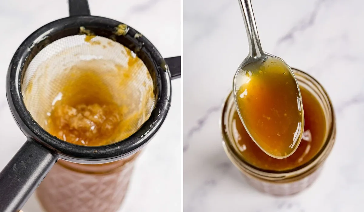 Collage of 2 pictures showing how to strain homemade teriyaki sauce
