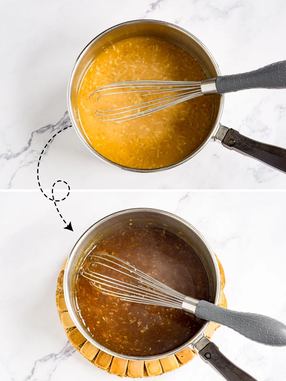 Collage of 2 pictures showing how homemade teriyaki sauce should look