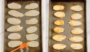 Collage of 2 pictures showing how to brush oil onto sliced baguette pieces and toasted baguette slices