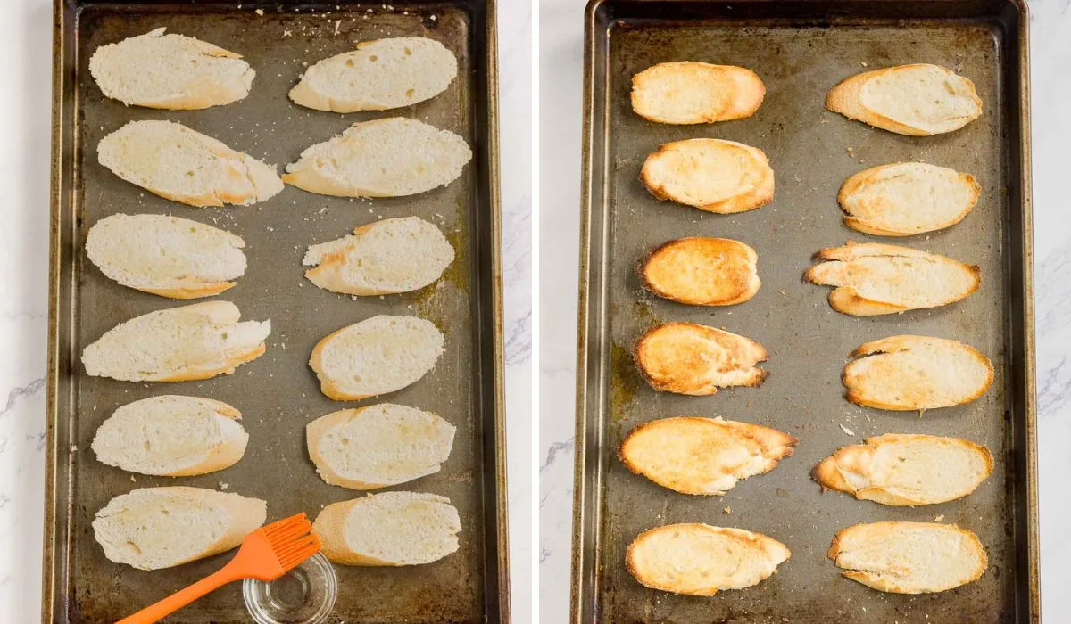 Collage of 2 pictures showing how to brush oil onto sliced baguette pieces and toasted baguette slices