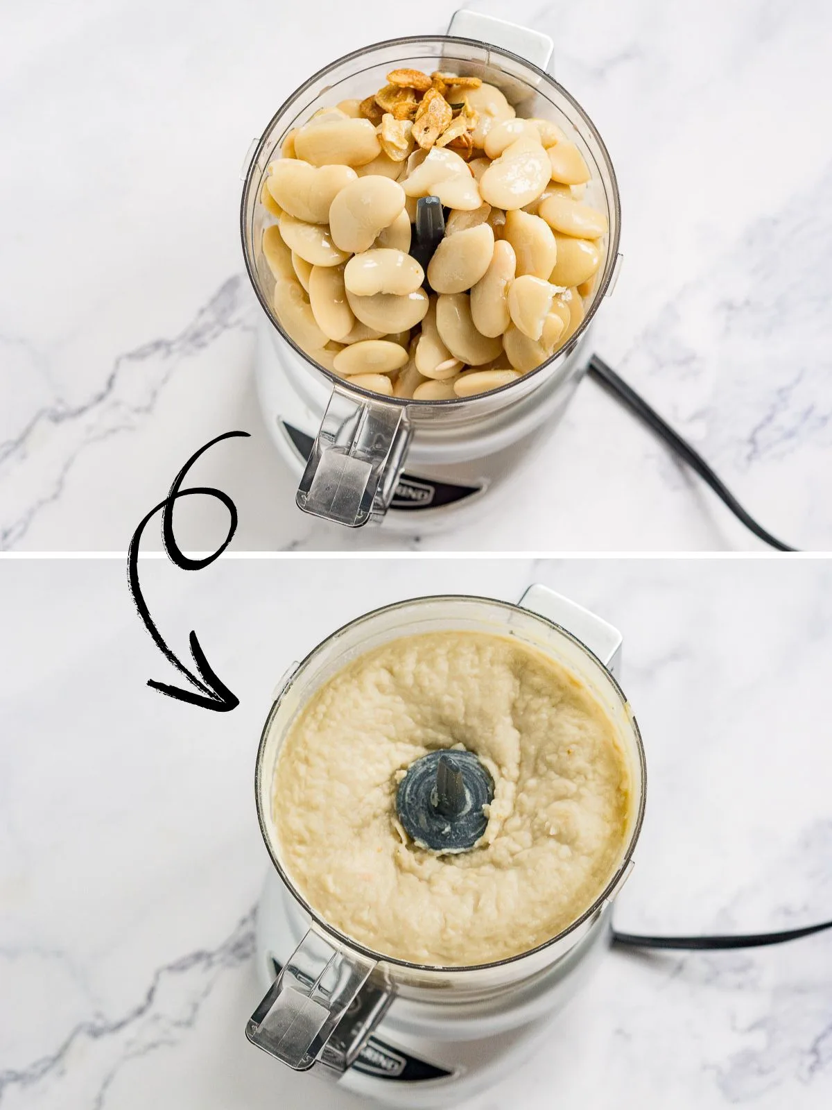 Collage of 2 pictures showing the before and after of pureeing butter beans with a food processor