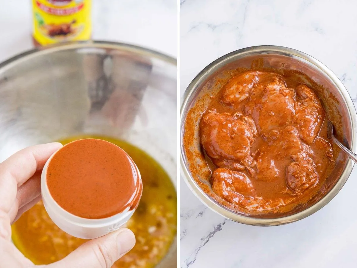 Collage of 2 pictures showing how to make achiote chicken marinade