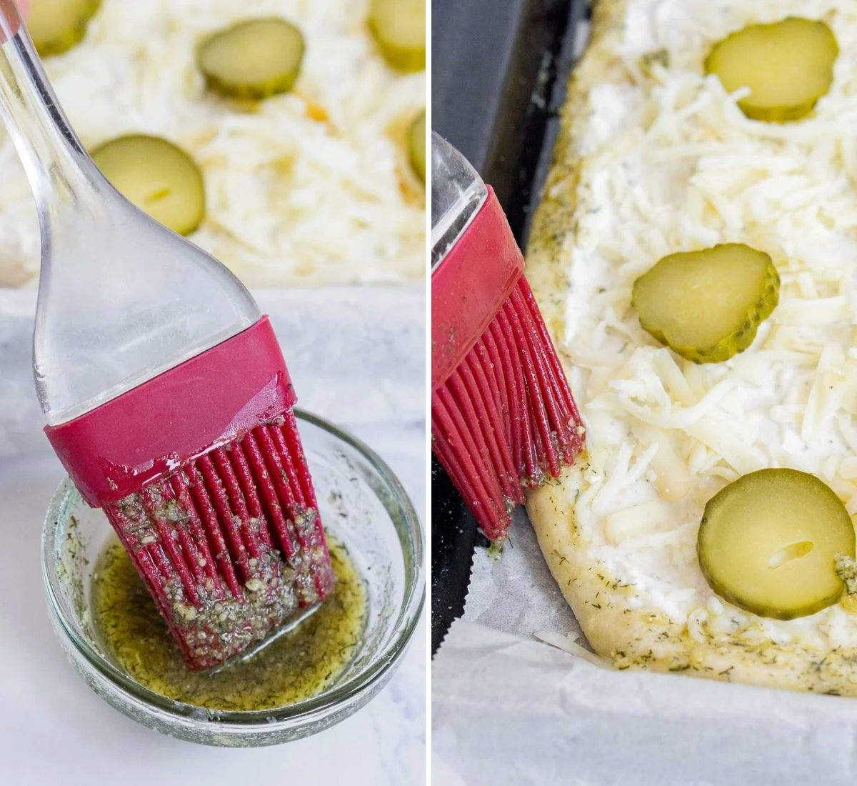 Collage of 2 pictures showing how to brush garlic parmesan oil onto pizza crust