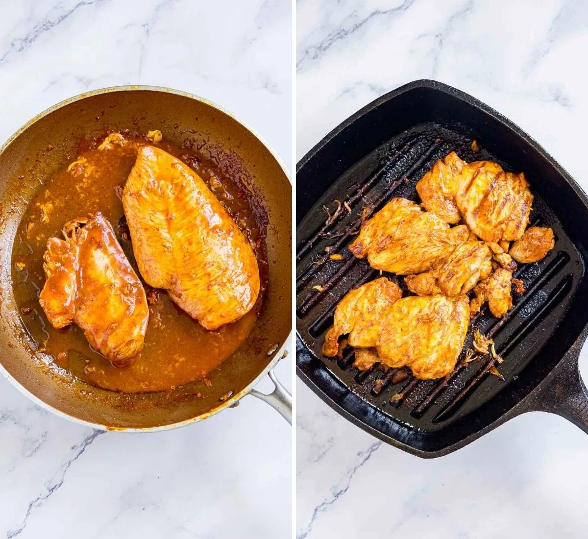 Collage of 2 pictures showing how to cook achiote chicken in a skillet