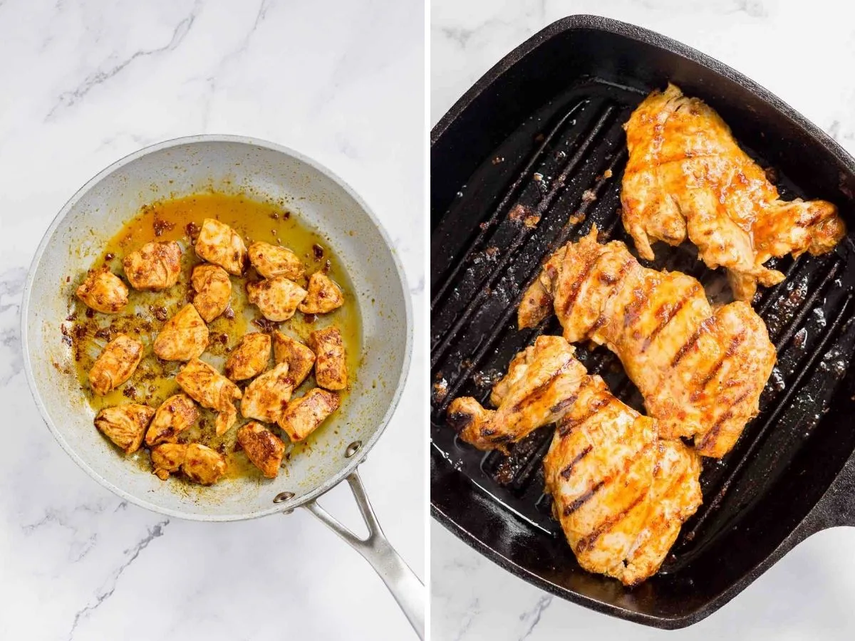 Collage of 2 pictures showing how to cook harissa chicken