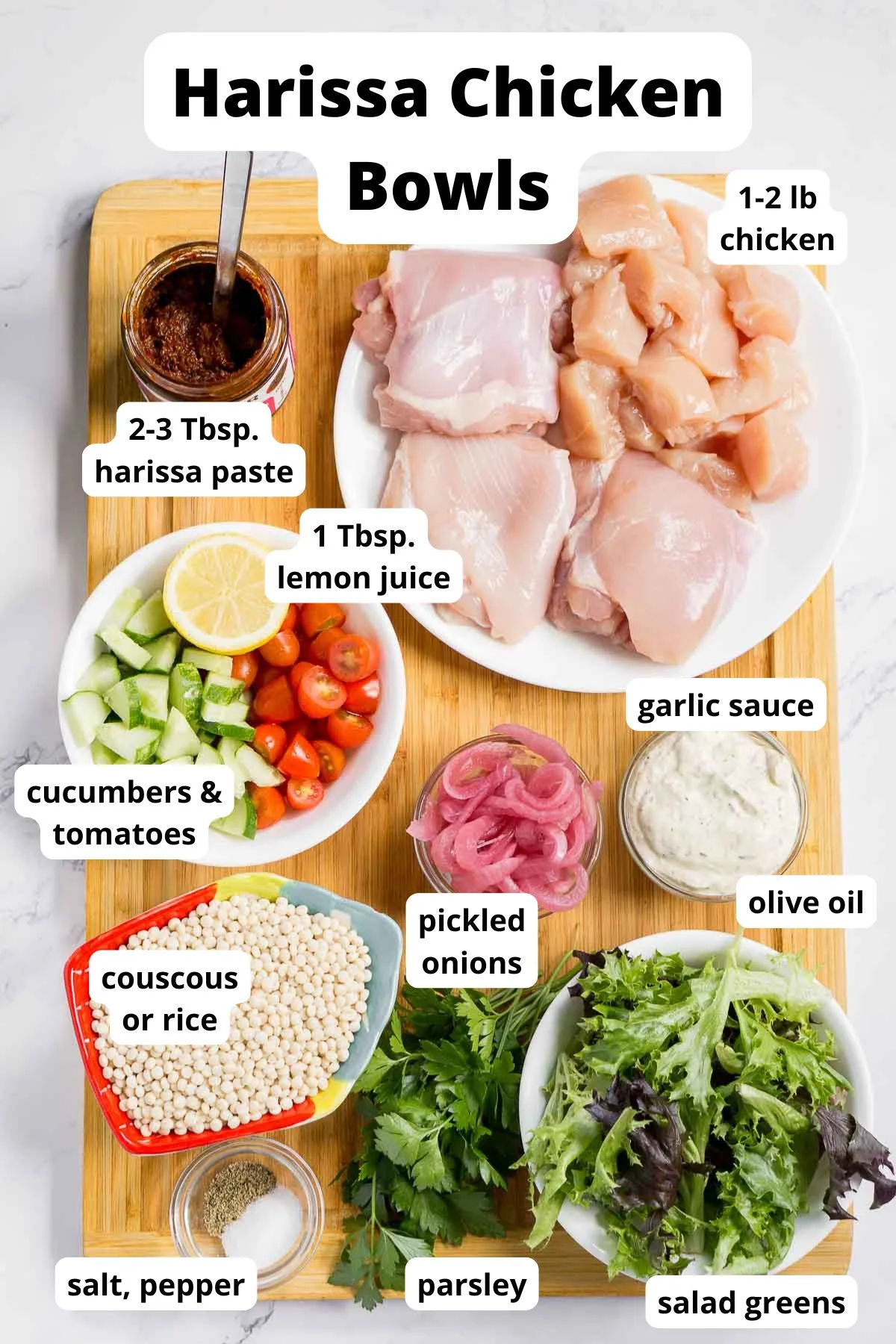 Ingredients to make harissa chicken bowls