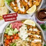 Pinterest image with text: Easy tasty harissa chicken bowls - 20 minute dinner