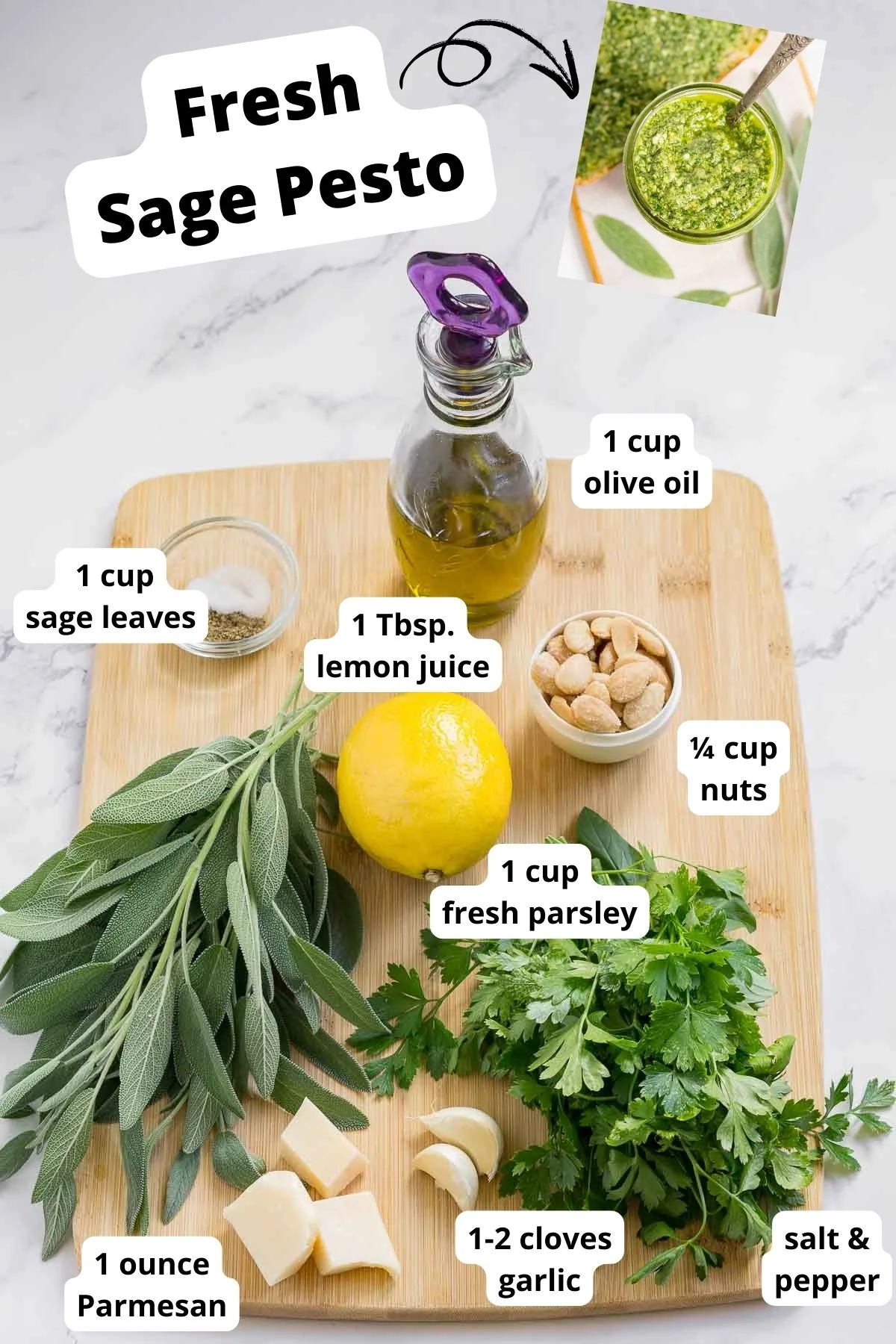 Ingredients to make pesto with fresh sage