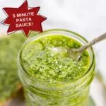 Pinterest image with text: Garlicky Sage Pesto - 5 minute pasta sauce