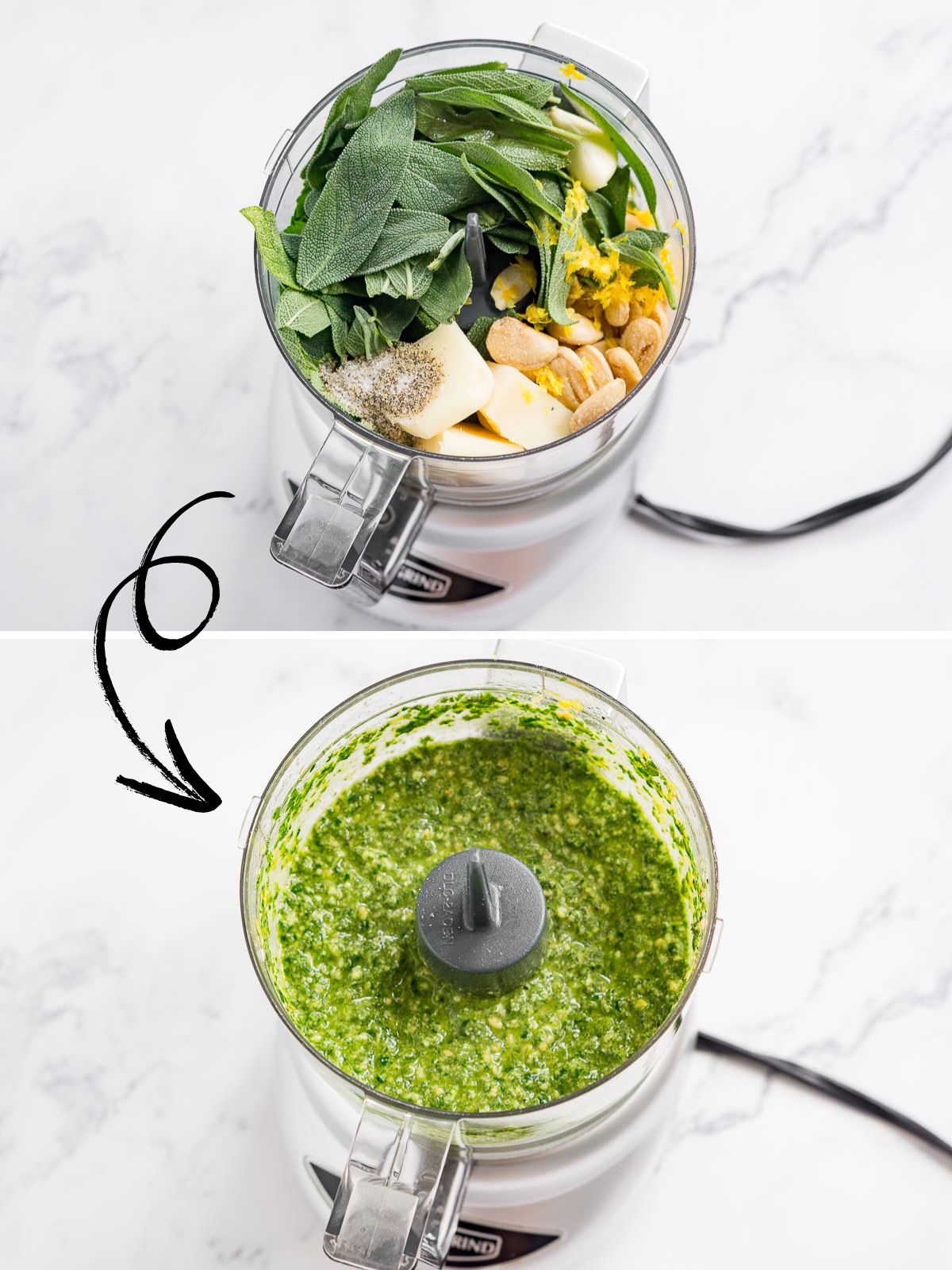 Collage of 2 pictures showing how to make pesto in a food processor