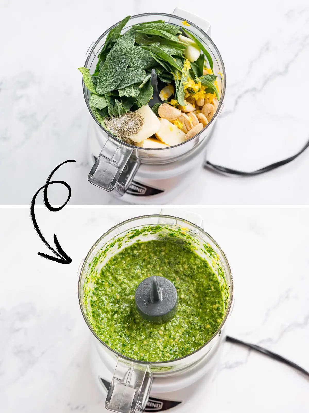 Collage of 2 pictures showing how to make pesto in a food processor