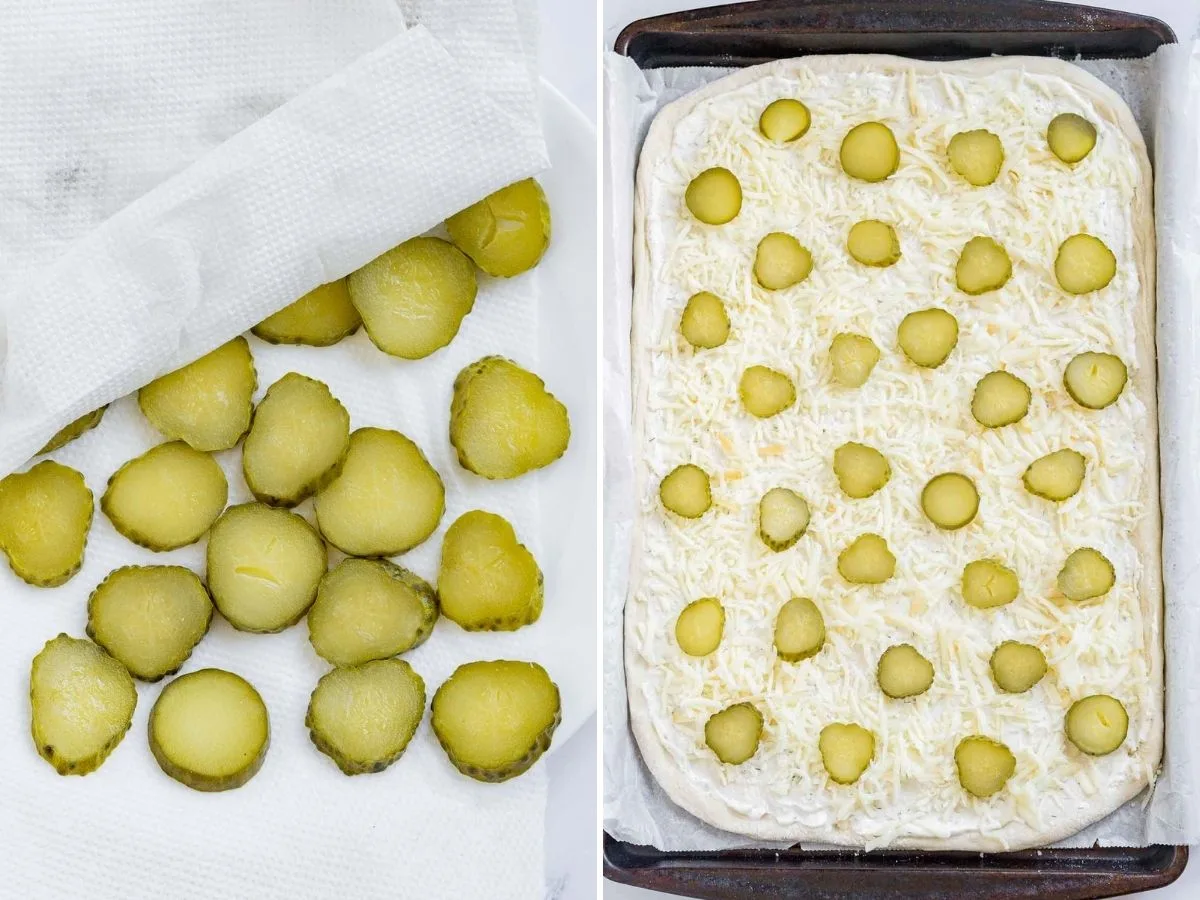 Collage of 2 pictures showing how to put pickles on pizza