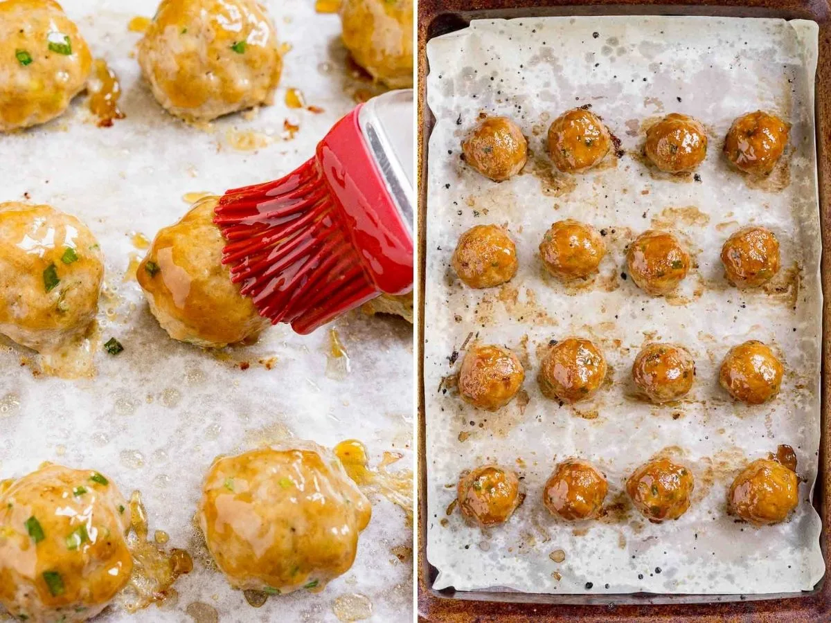 Collage of 2 pictures showing how to brush teriyaki sauce onto turkey meatballs