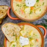 Pinterest image with text: Perfect for Fall Potato Dill Soup