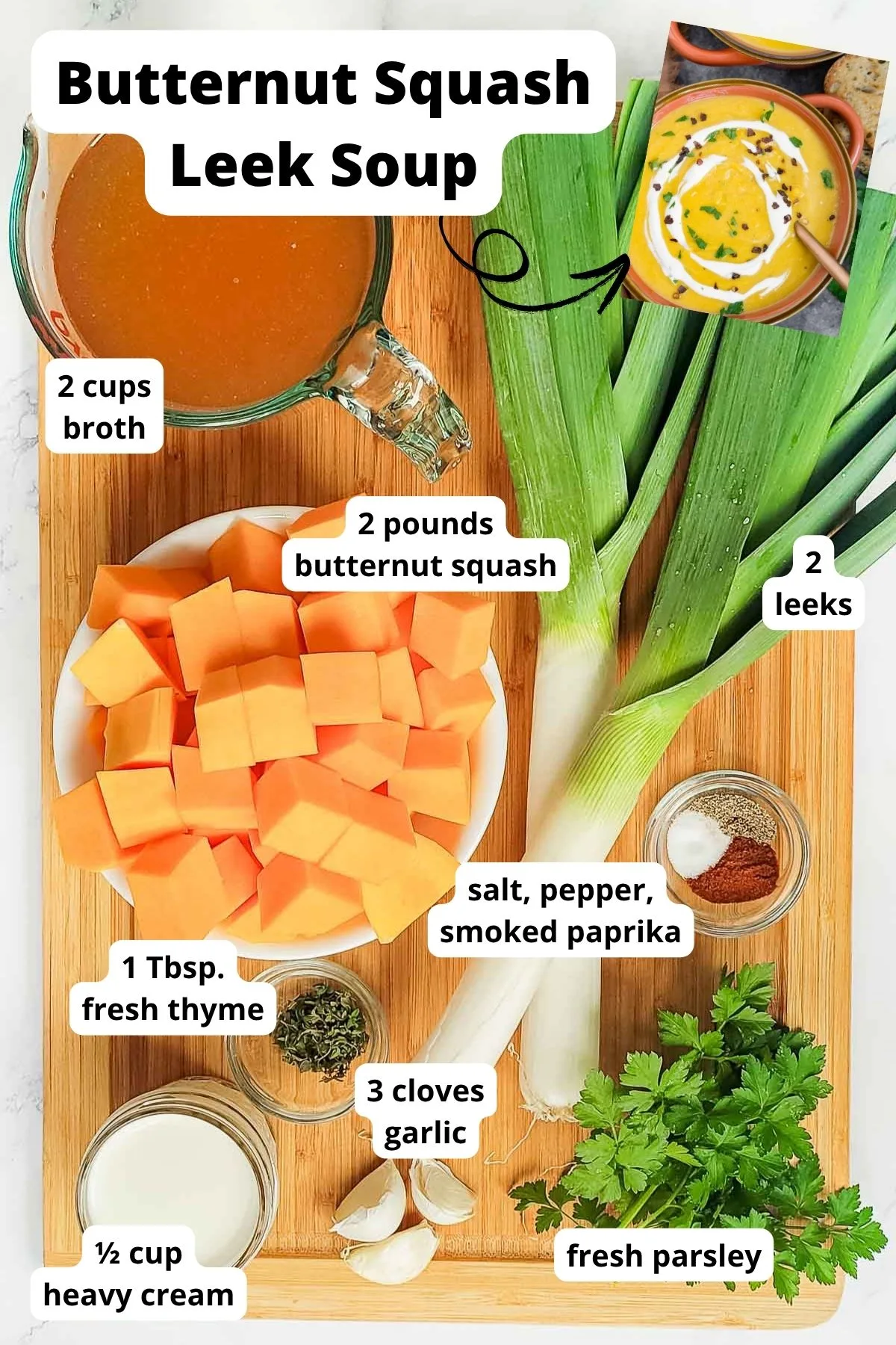 Ingredients to make butternut squash leek soup