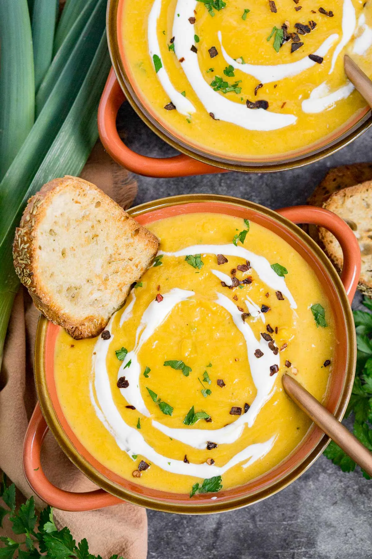 2 bowls of roasted butternut squash leek soup