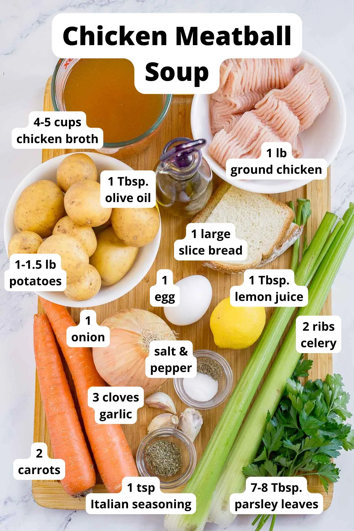 Ingredients to make chicken meatball soup with potatoes