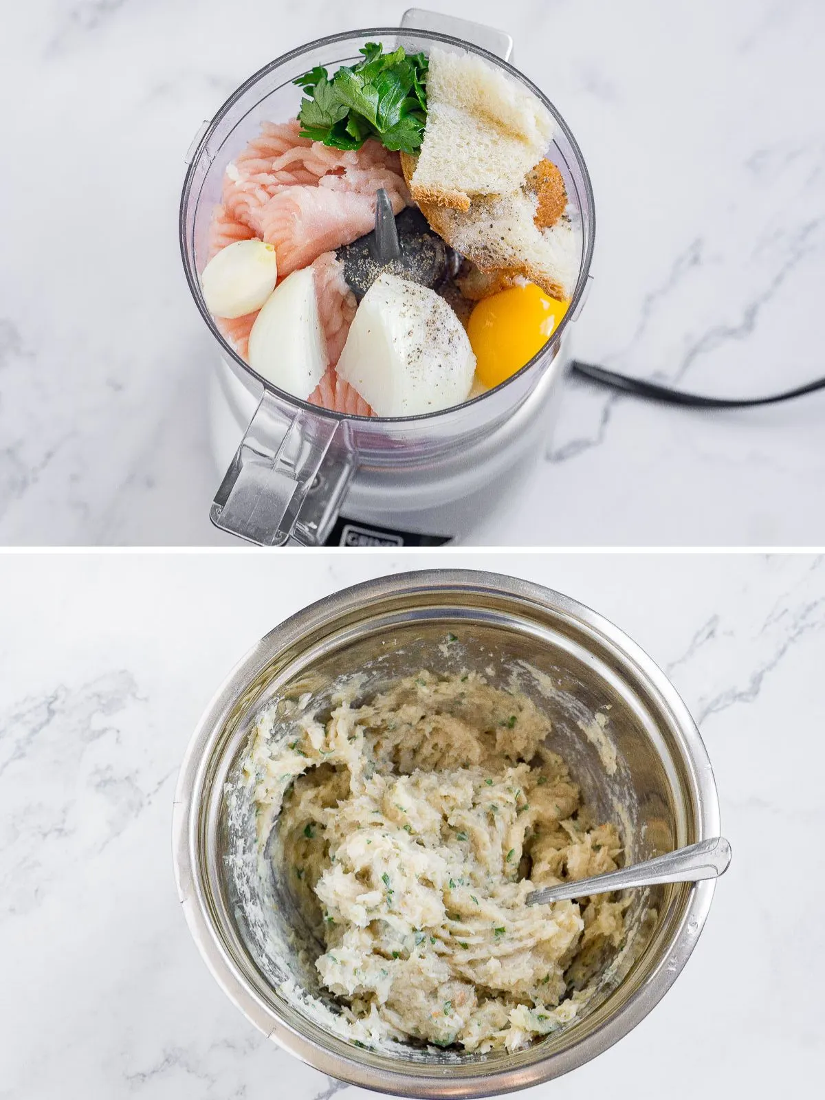 Collage of 2 pictures showing how to make chicken meatball mixture in a food processor